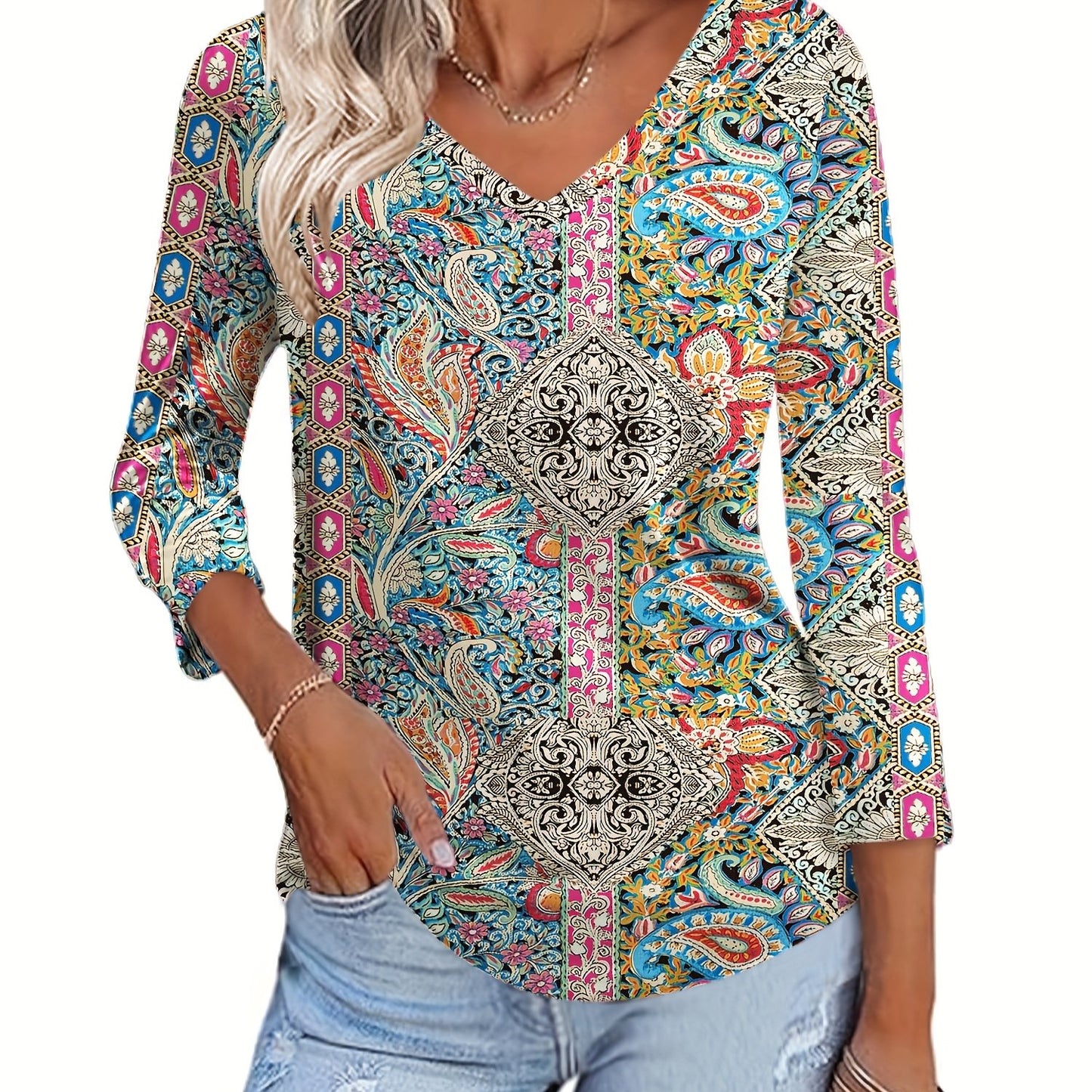 Women's Floral Print V-Neck 3/4 Sleeve T-Shirt - Black & White Contrast, Breathable Fabric, Elegant Casual Versatile Top for Spring Summer Fall, Machine Washable, Seasonal Fashion | Soft Texture Shirt, Ladies T Shirts