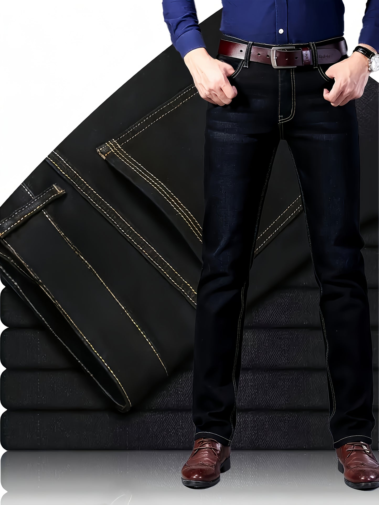 Men'S Classic Straight-Leg Jeans - Suitable for All-Season Business Casual, Black Color, with Stitching Details, Polyester Blend, Machine Washable, Tailored Fit Jeans for Various Casual Outings And Dates.