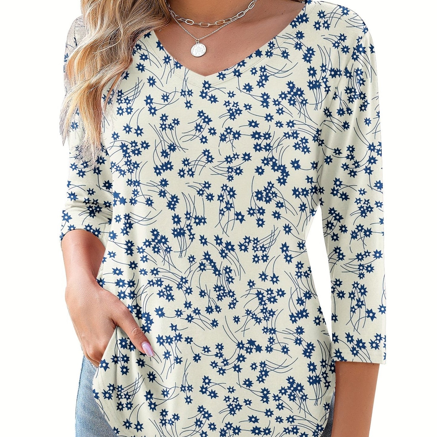 Women's Floral Print V-Neck 3/4 Sleeve T-Shirt - Black & White Contrast, Breathable Fabric, Elegant Casual Versatile Top for Spring Summer Fall, Machine Washable, Seasonal Fashion | Soft Texture Shirt, Ladies T Shirts