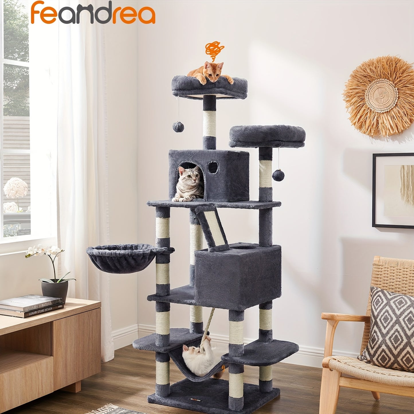 Feandrea 44/66.1in Cat Tree, Large Cat Tower with 13 Scratching Posts, 2 Perches, 2 Caves, Hanging Basket & Hammock, Pompoms, Stable Kitty Play House, Multi-Level Plush Cat Condo for Indoor Cats, Easy to Assemble, Perfect Gif