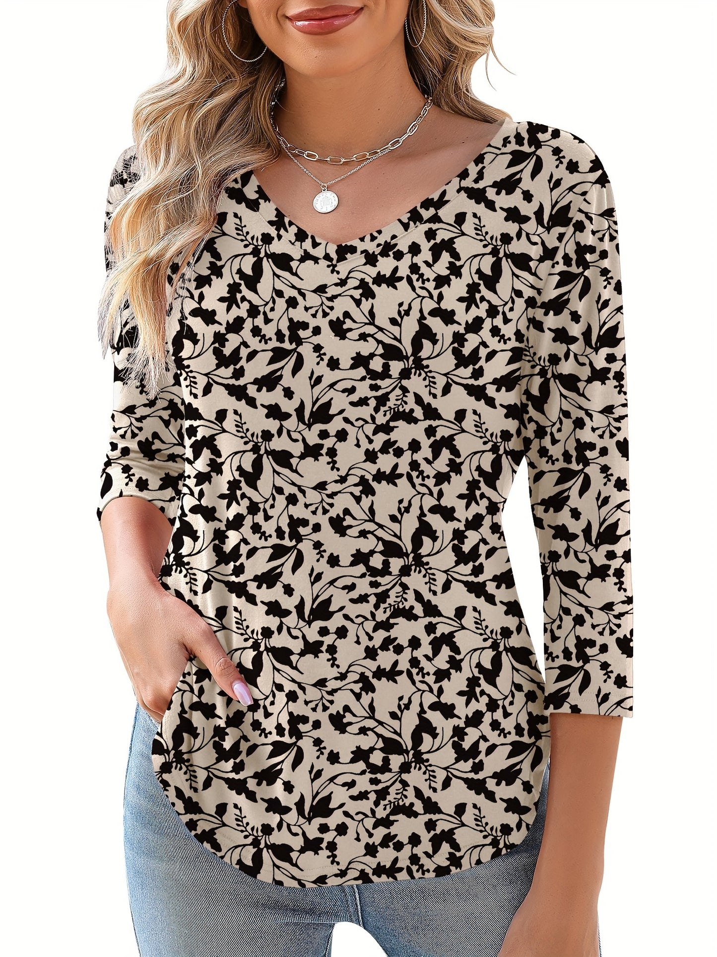 Women's Floral Print V-Neck 3/4 Sleeve T-Shirt - Black & White Contrast, Breathable Fabric, Elegant Casual Versatile Top for Spring Summer Fall, Machine Washable, Seasonal Fashion | Soft Texture Shirt, Ladies T Shirts