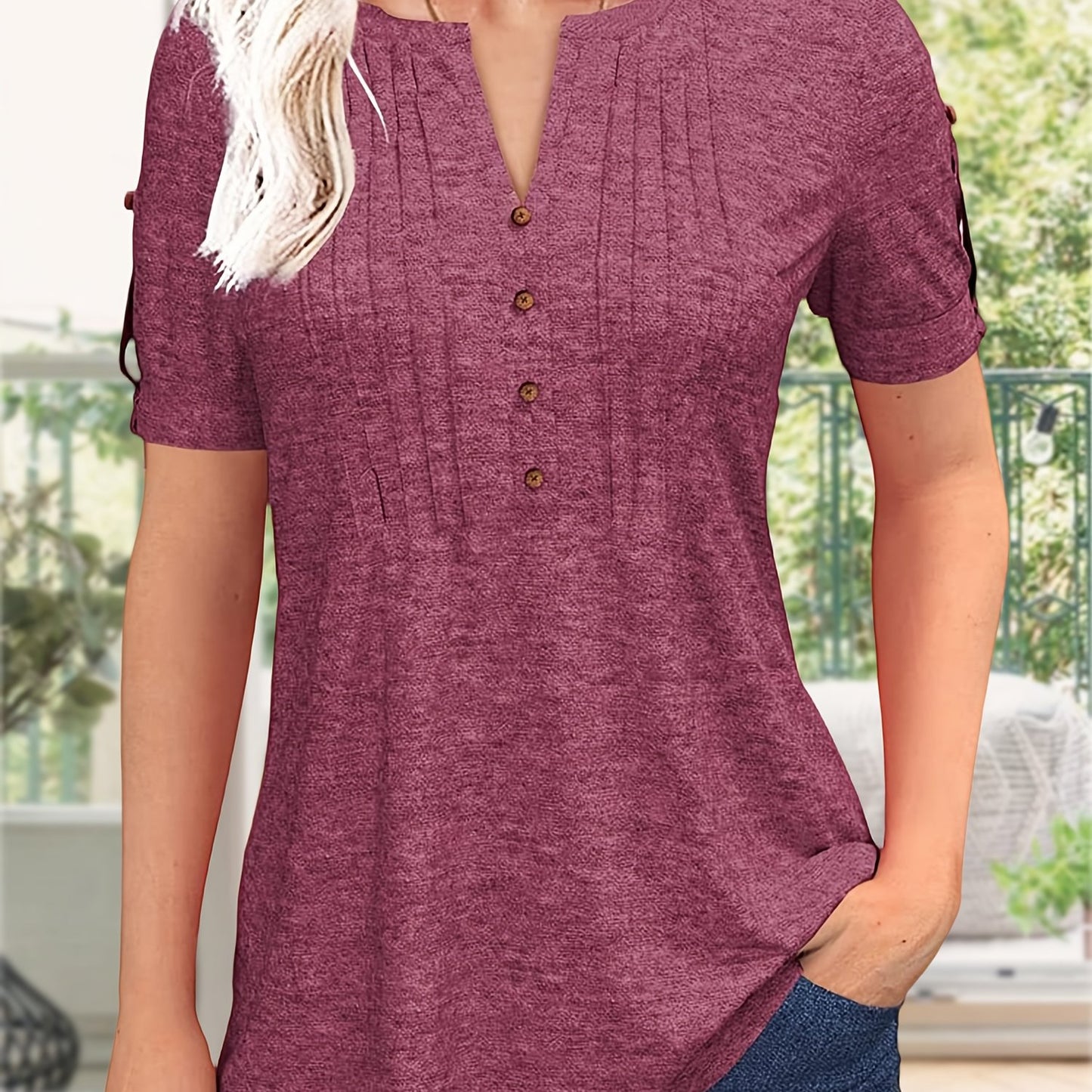 Women's Zipper Summer Pleated Button Short Sleeve T-Shirt