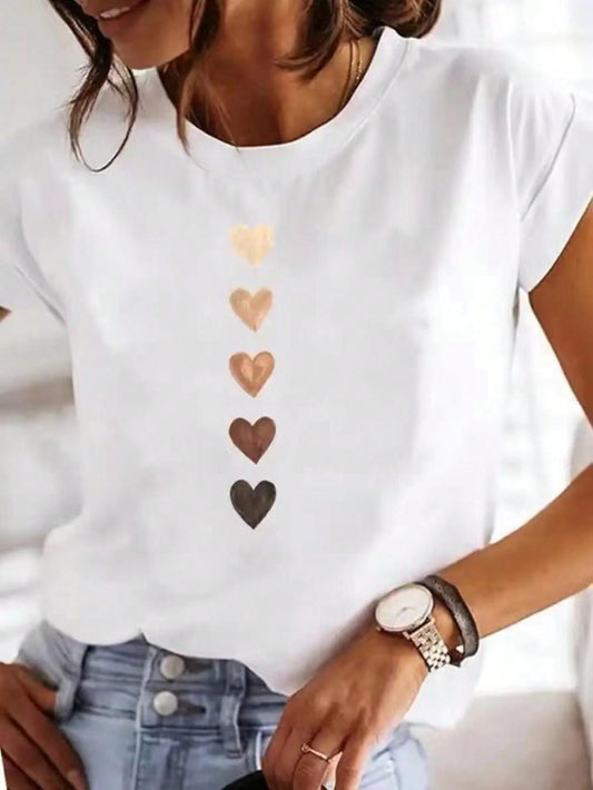 Heart Print Crew Neck T-Shirt, Casual Short Sleeve T-Shirt For Spring &amp; Summer, Women's Clothing Tee For Adult, Men, Women, Teen, Teenager, Adolescent,Youth