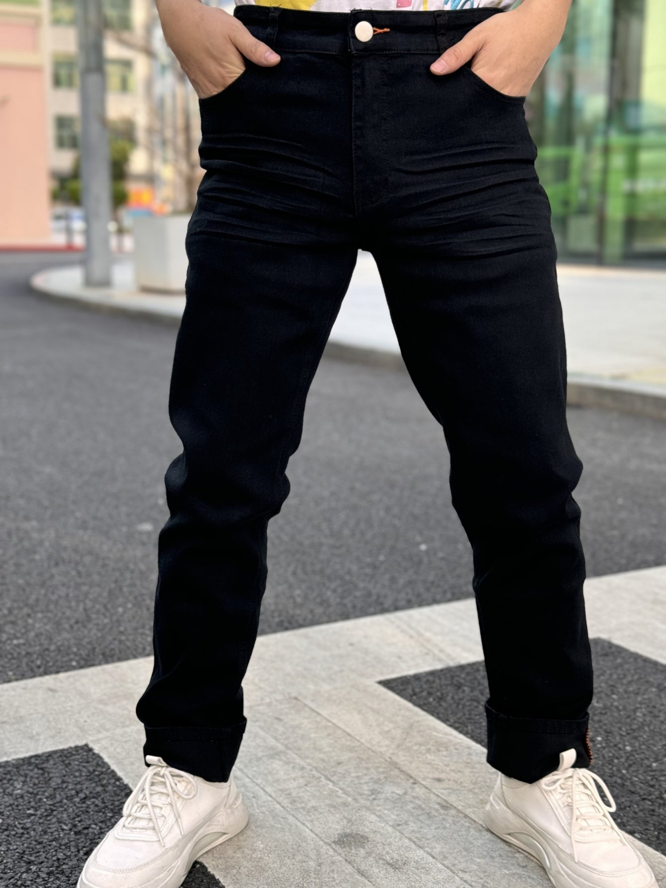 American Men'S Stretch Denim Pants, Fashion Casual Style, Fashion Wash, Suitable for All Occasions, Slim-Fit Stretch Pants, Side Yellow Line Bone Design, Can Roll Feet And Not Roll Feet, Suitable for All Seasons, So Young Men