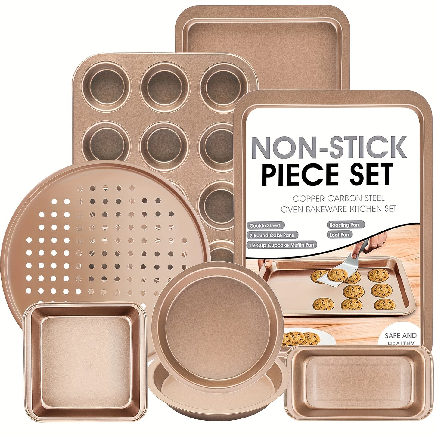8 Piece Bakeware Pan Set, Nonstick Cookie Sheet, 2 Round Cake Pans, Square Pan, Bread Pan, Baking Pan, Pizza Pan, Cookie Sheet, 12 Cup Muffin Pan for Oven, Kitchen Cookware Sets Baking Supplies, Black