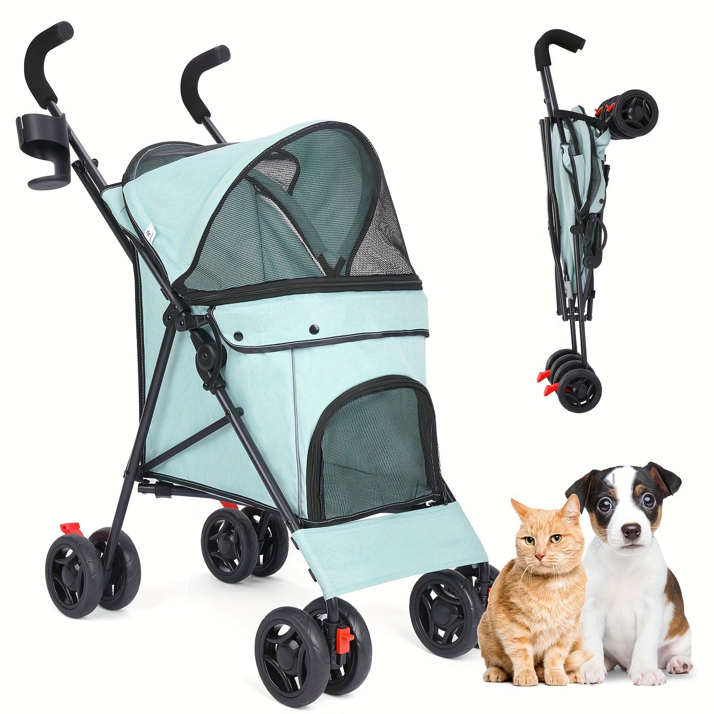 Medium Dog Stroller 50lb With Storage Basket And Leashes