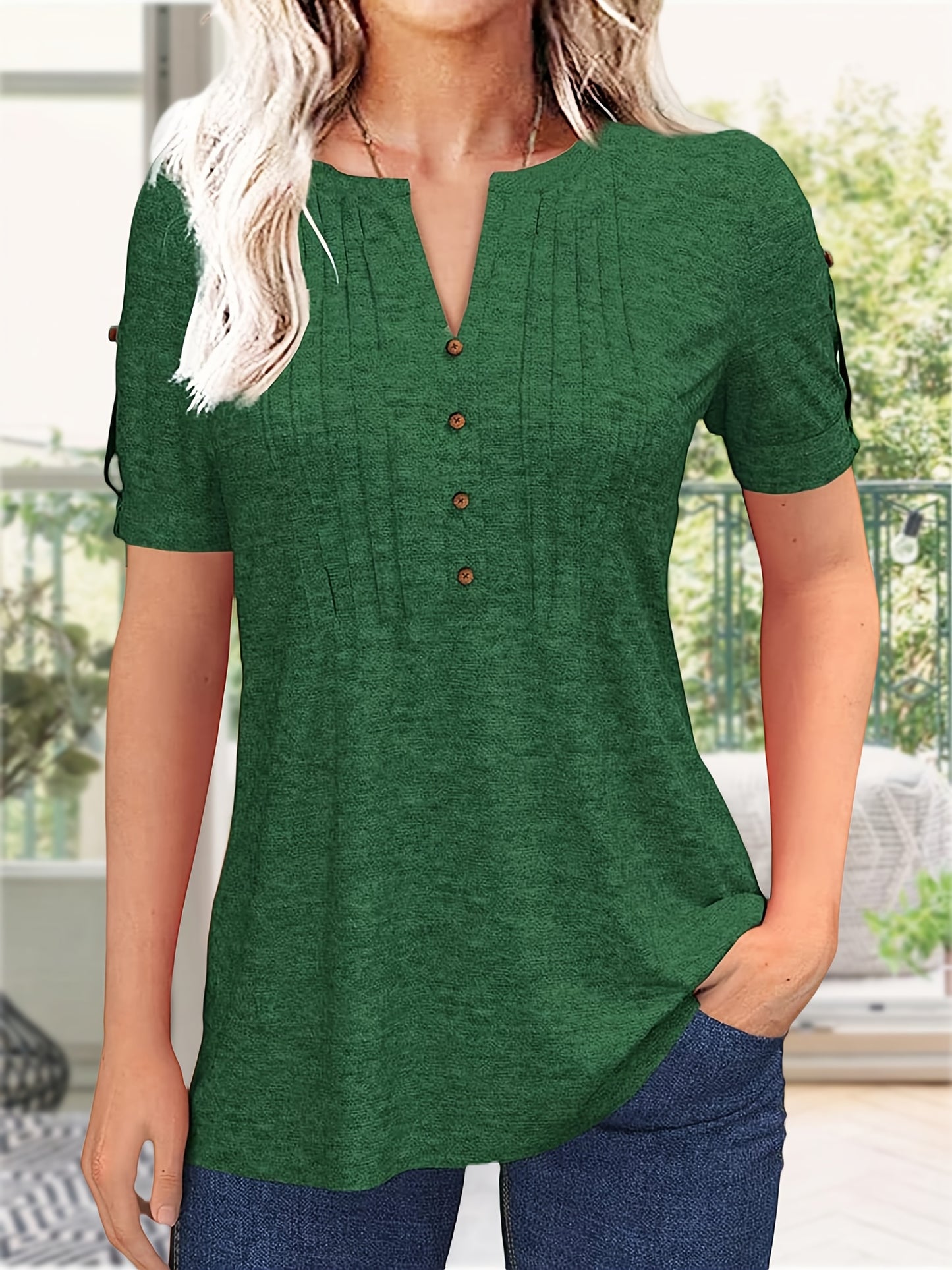 Women's Zipper Summer Pleated Button Short Sleeve T-Shirt