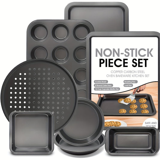 8 Piece Bakeware Pan Set, Nonstick Cookie Sheet, 2 Round Cake Pans, Square Pan, Bread Pan, Baking Pan, Pizza Pan, Cookie Sheet, 12 Cup Muffin Pan for Oven, Kitchen Cookware Sets Baking Supplies, Black