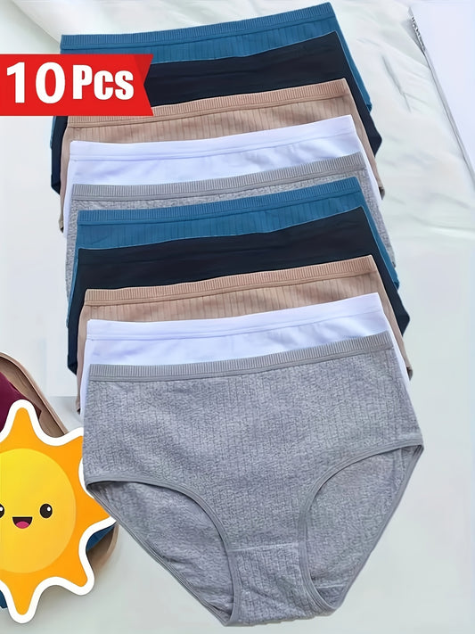 10pcs Plus Size High-Waist Bikini Panties For Women Breathable Tummy Control Underwear