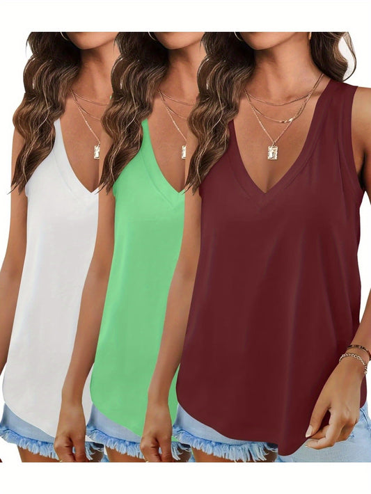 3 Pack Women's Soft Stretchy V-Neck Tank Tops - Casual Wear