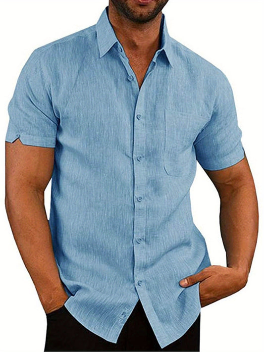 Mens Casual Loose Linen Short Sleeve Shirt Turndown Collar