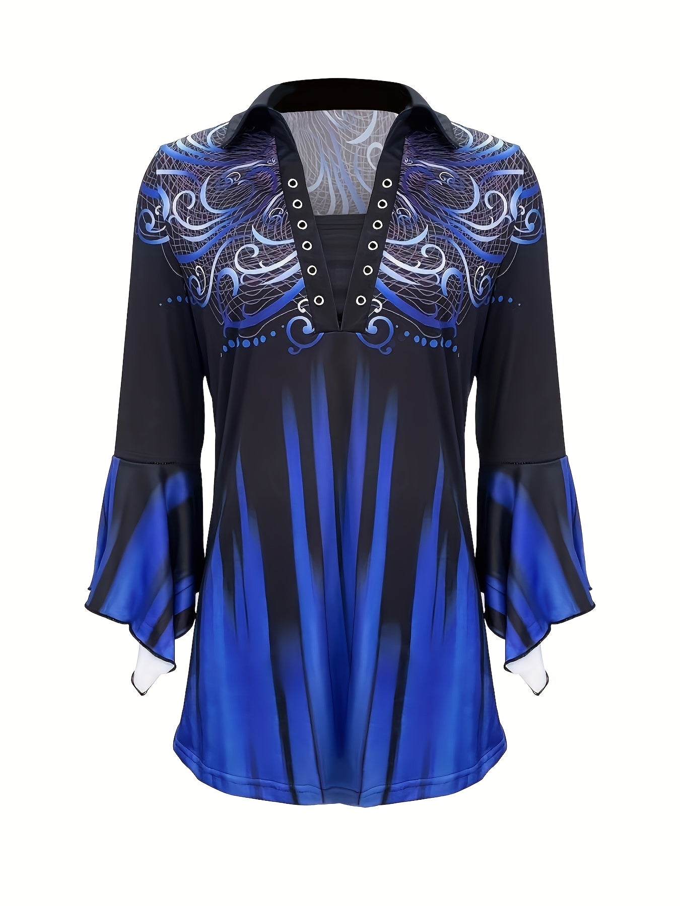 Lightweight Design) Women's Stylish Blue Floral Print Button- Blouse with Irregular Bell Sleeves - Casual Polyester Top for Spring, Summer & Fall, Ladies Blouses