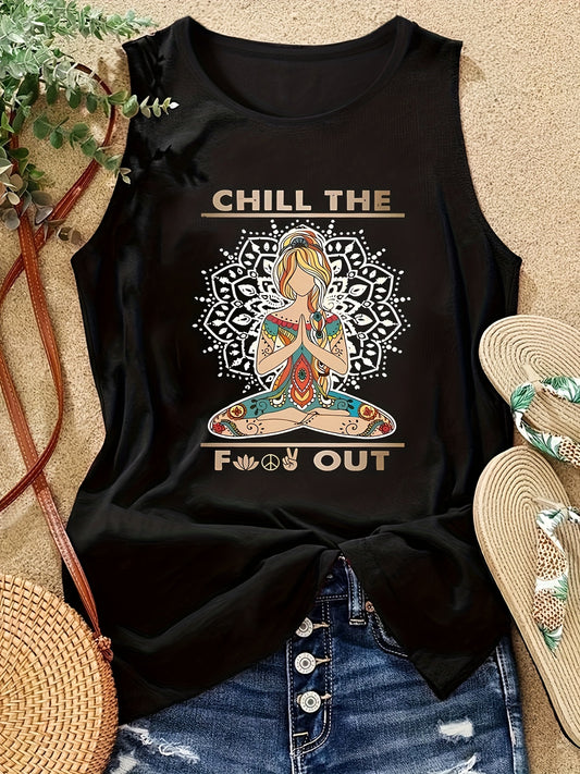 Women's Bohemian Yoga Tank Top - Breathable, Black Mandala & Letter Print Design, Perfect for Sports and Casual Wear, 180g/㎡, Machine Washable