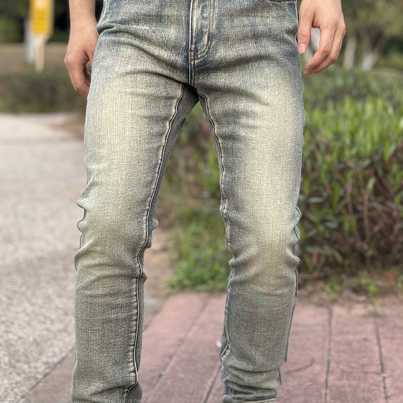 American Men'S Stretch Denim Pants, Fashion Casual Style, Fashion Wash, Suitable for All Occasions, Slim-Fit Stretch Pants, Side Yellow Line Bone Design, Can Roll Feet And Not Roll Feet, Suitable for All Seasons, So Young Men