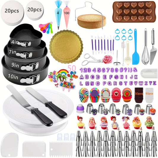 540pcs Cake Decorating Kit Baking Supplies with 4 Springform Pans Set Cake Decorating Supplies Rotating Turntable, Decorating Tools, Cake Baking Supplies Set for Beginners