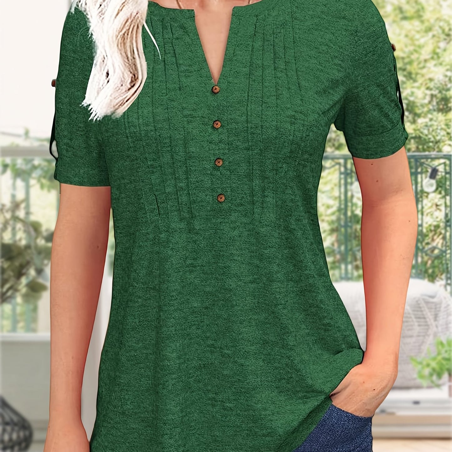 Women's Zipper Summer Pleated Button Short Sleeve T-Shirt