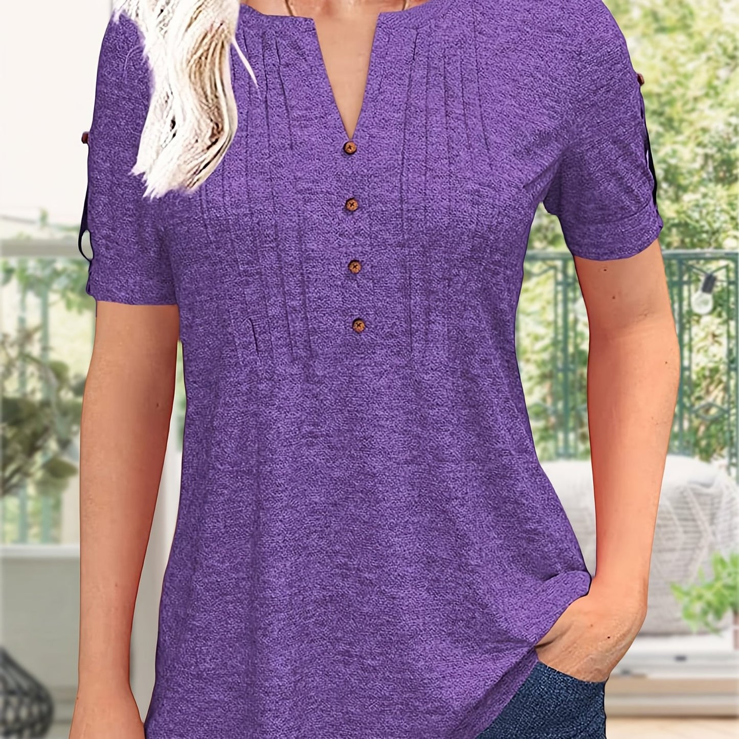 Women's Zipper Summer Pleated Button Short Sleeve T-Shirt
