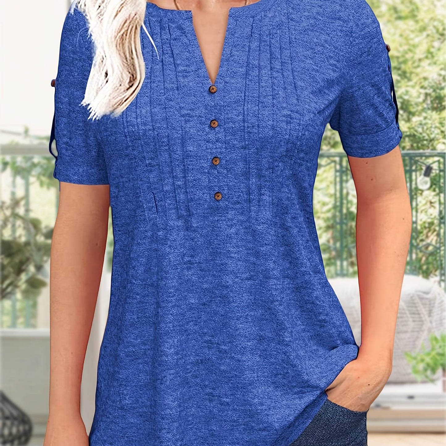 Women's Zipper Summer Pleated Button Short Sleeve T-Shirt