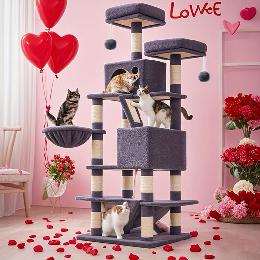 Feandrea 44/66.1in Cat Tree, Large Cat Tower with 13 Scratching Posts, 2 Perches, 2 Caves, Hanging Basket & Hammock, Pompoms, Stable Kitty Play House, Multi-Level Plush Cat Condo for Indoor Cats, Easy to Assemble, Perfect Gif