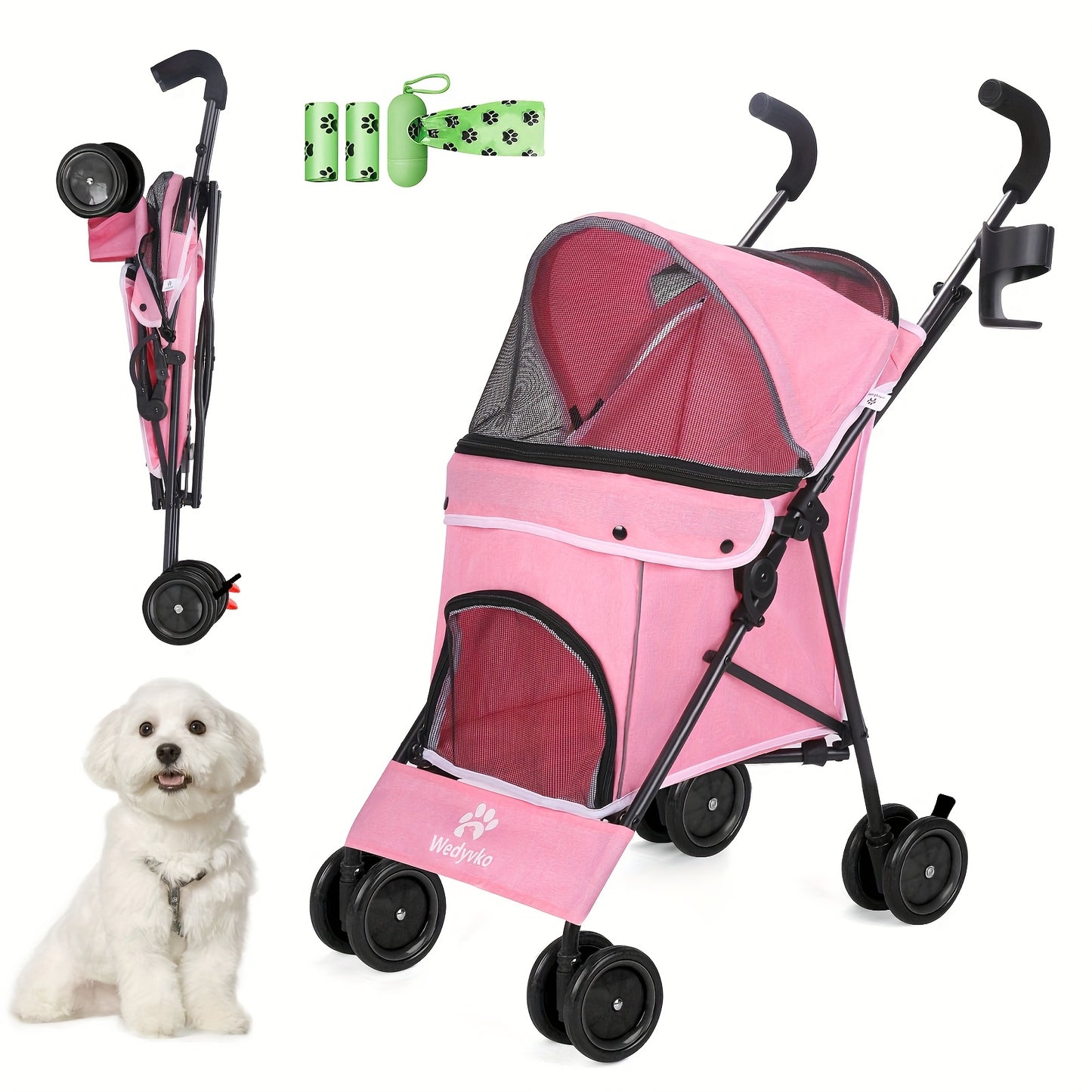 Medium Dog Stroller 50lb With Storage Basket And Leashes