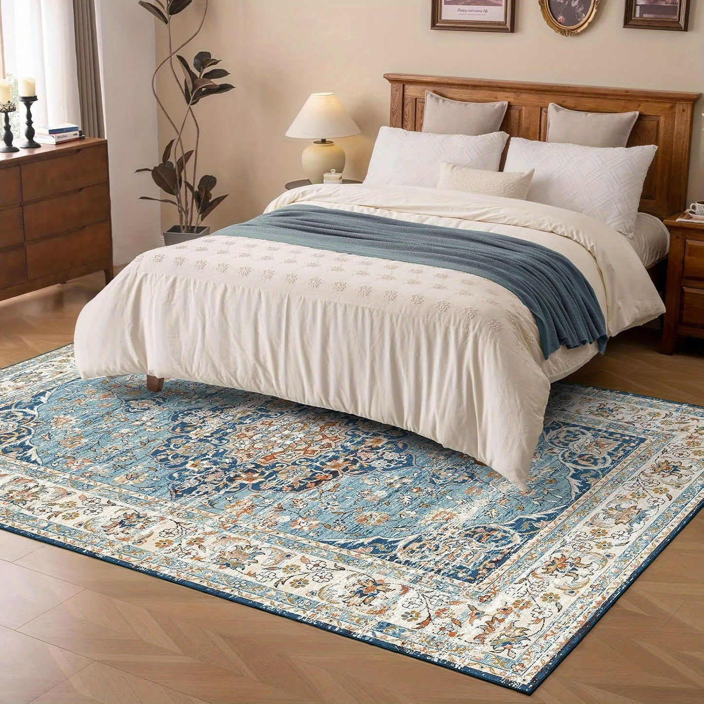 Machine Washable Rug with Non-Slip, Blue Area Rug, Vintage Boho Area Rug for Living Room Bedroom Dining Home Office Rugs