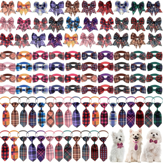 100pcs Plaid Dog Bow Tie Collar Set For Small Medium Dogs