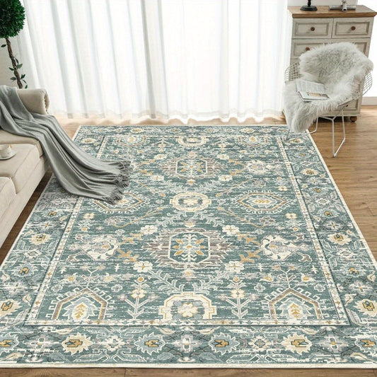 Machine Washable Area Mat with Anti-Slip Backing - Vintage Floral Design in Green, Beige, Golden & Blue - 100% Microfiber for Living Room, Bedroom, Office - Large Sizes up to 2.16m², Rugs for Living Room, Hightraffic Mat | V