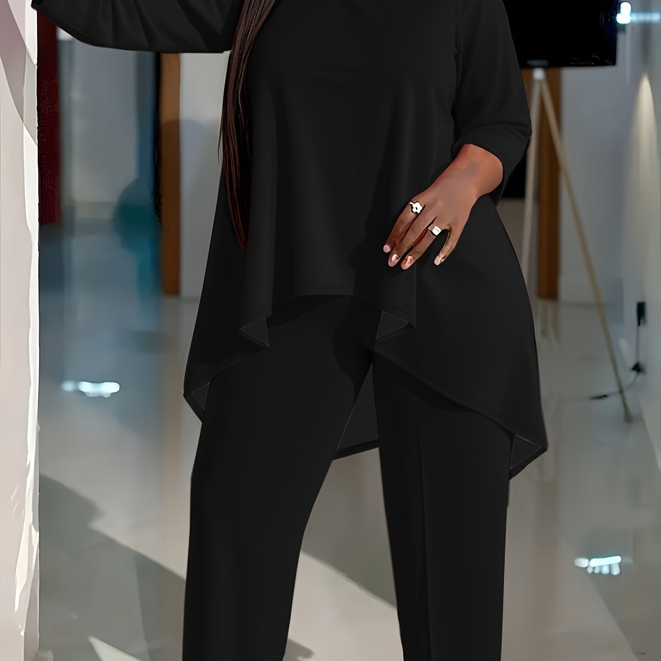 Plus Size Two-piece Set, Solid Color Round Neck 7-inch Sleeve Top And Pants Set, Women'S Two-piece Set