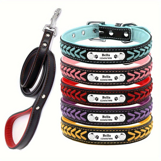 Personalized Dog Collar With Leash Set - Engraved Name Plate - Reflective Leather Dog Collar Custom Small Medium Or Large Size Dogs Cats