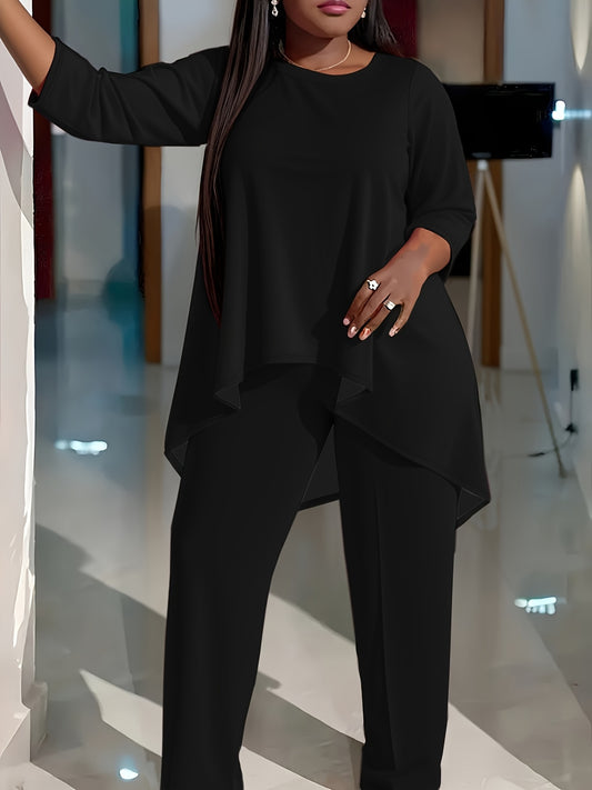 Plus Size Two-piece Set, Solid Color Round Neck 7-inch Sleeve Top And Pants Set, Women'S Two-piece Set