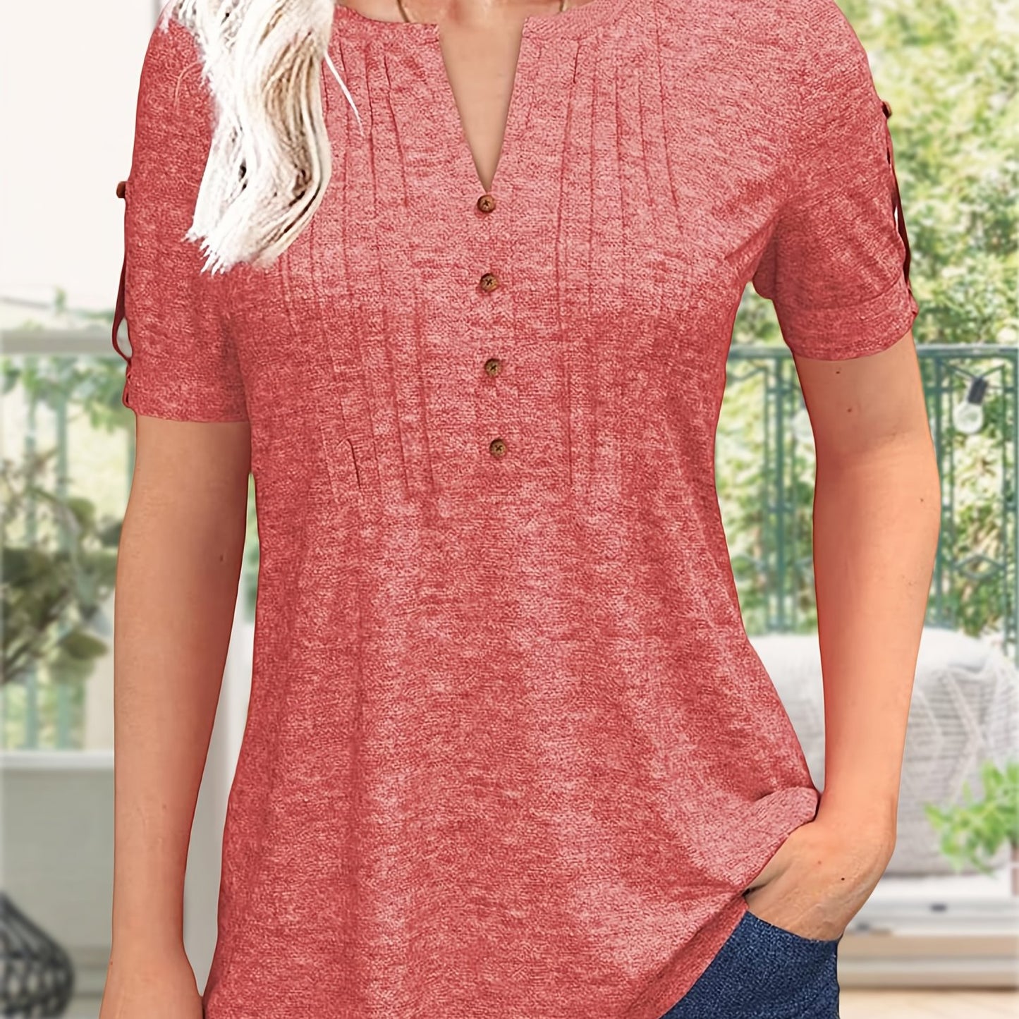 Women's Zipper Summer Pleated Button Short Sleeve T-Shirt