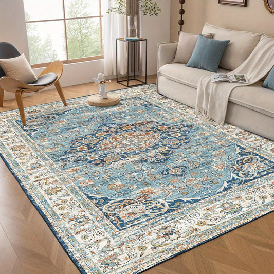 Machine Washable Rug with Non-Slip, Blue Area Rug, Vintage Boho Area Rug for Living Room Bedroom Dining Home Office Rugs