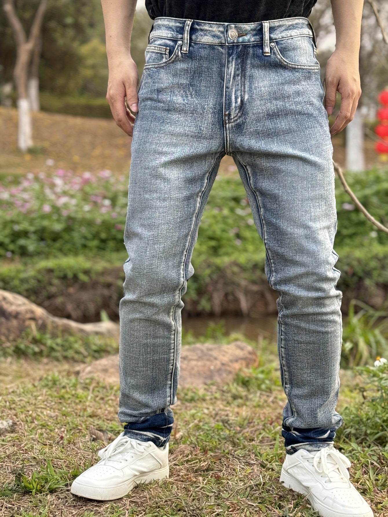 American Men'S Stretch Denim Pants, Fashion Casual Style, Fashion Wash, Suitable for All Occasions, Slim-Fit Stretch Pants, Side Yellow Line Bone Design, Can Roll Feet And Not Roll Feet, Suitable for All Seasons, So Young Men