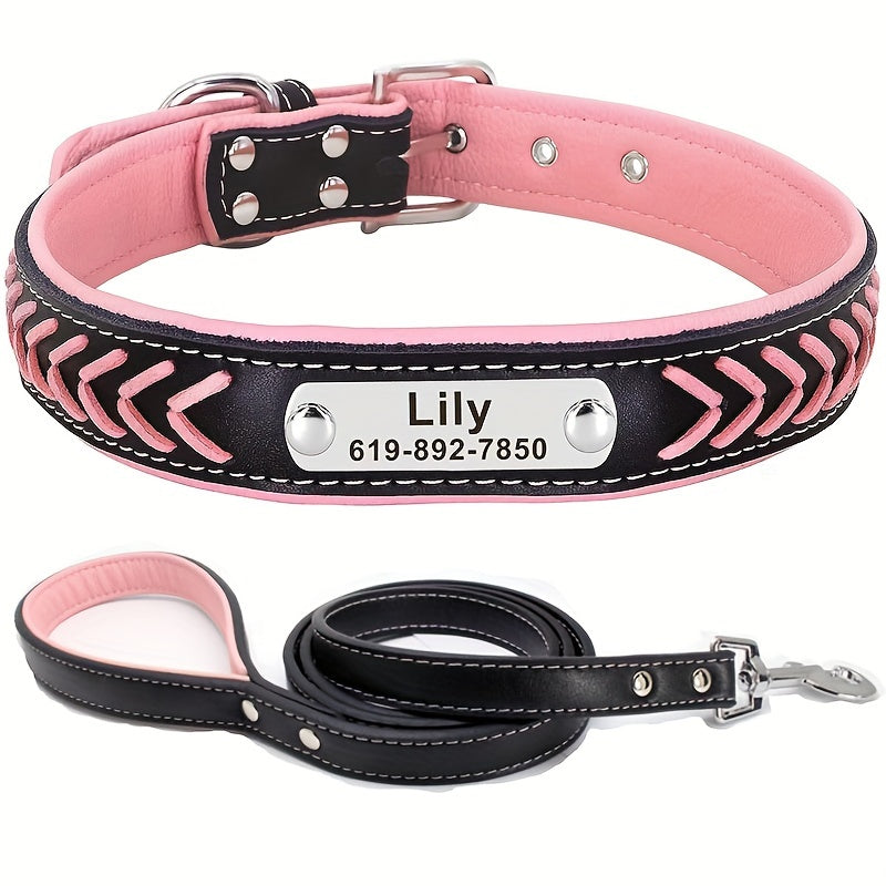 Personalized Dog Collar With Leash Set - Engraved Name Plate - Reflective Leather Dog Collar Custom Small Medium Or Large Size Dogs Cats