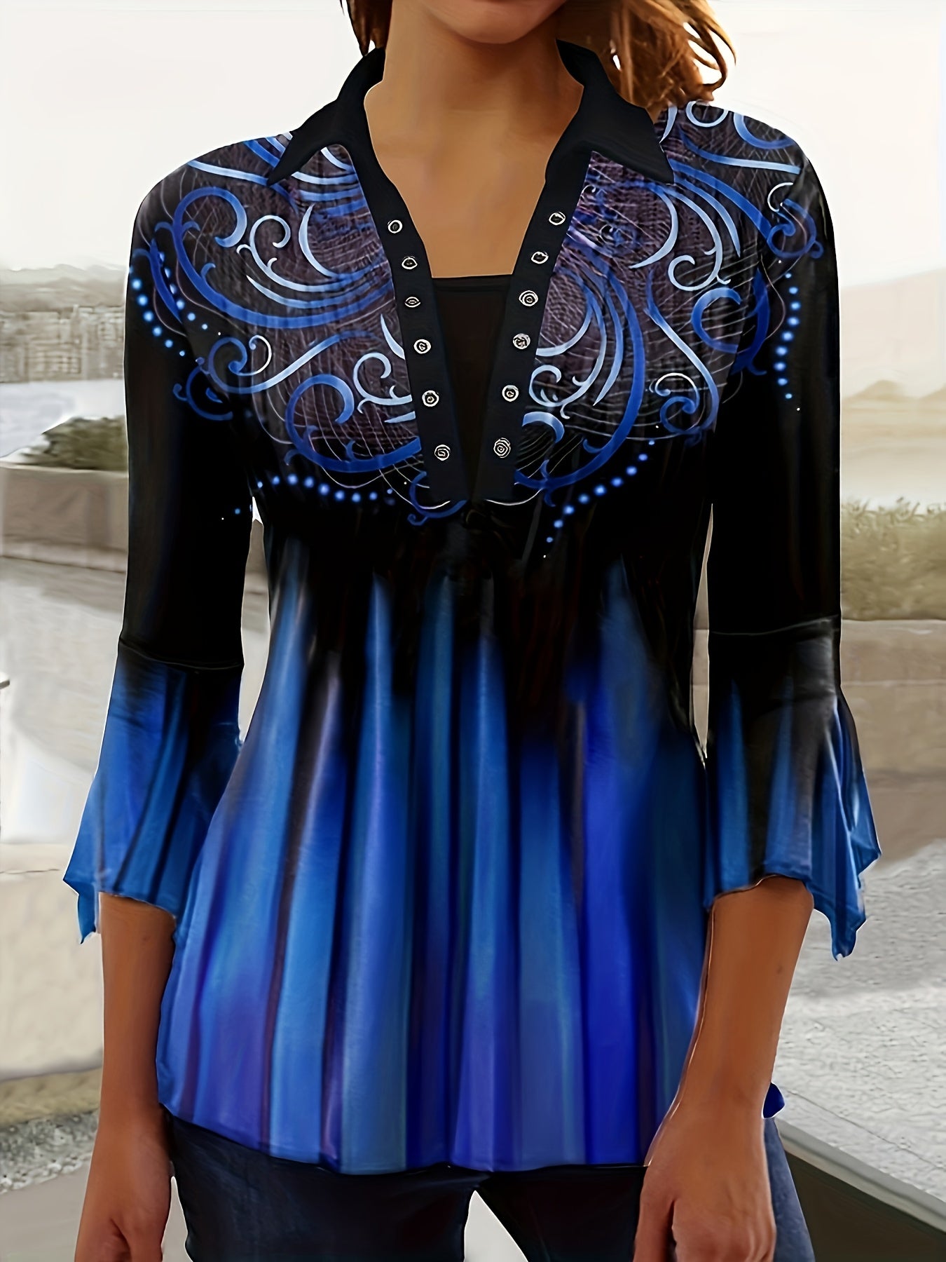 Lightweight Design) Women's Stylish Blue Floral Print Button- Blouse with Irregular Bell Sleeves - Casual Polyester Top for Spring, Summer & Fall, Ladies Blouses