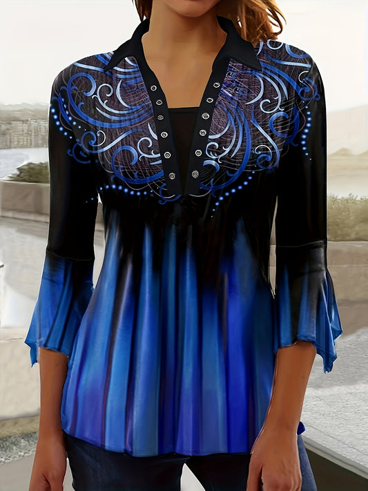 Lightweight Design) Women's Stylish Blue Floral Print Button- Blouse with Irregular Bell Sleeves - Casual Polyester Top for Spring, Summer & Fall, Ladies Blouses