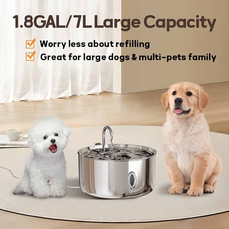 JPET 236Oz/7L/1.8Gal Stainless Steel Dog Water Fountain, Automatic Pet Fountain Dog Water Dispenser with Replacement Filters for Cats, Dogs, Multiple Pets, USB Powered Cat Water Dispenser with Water Level Window, Without Batt