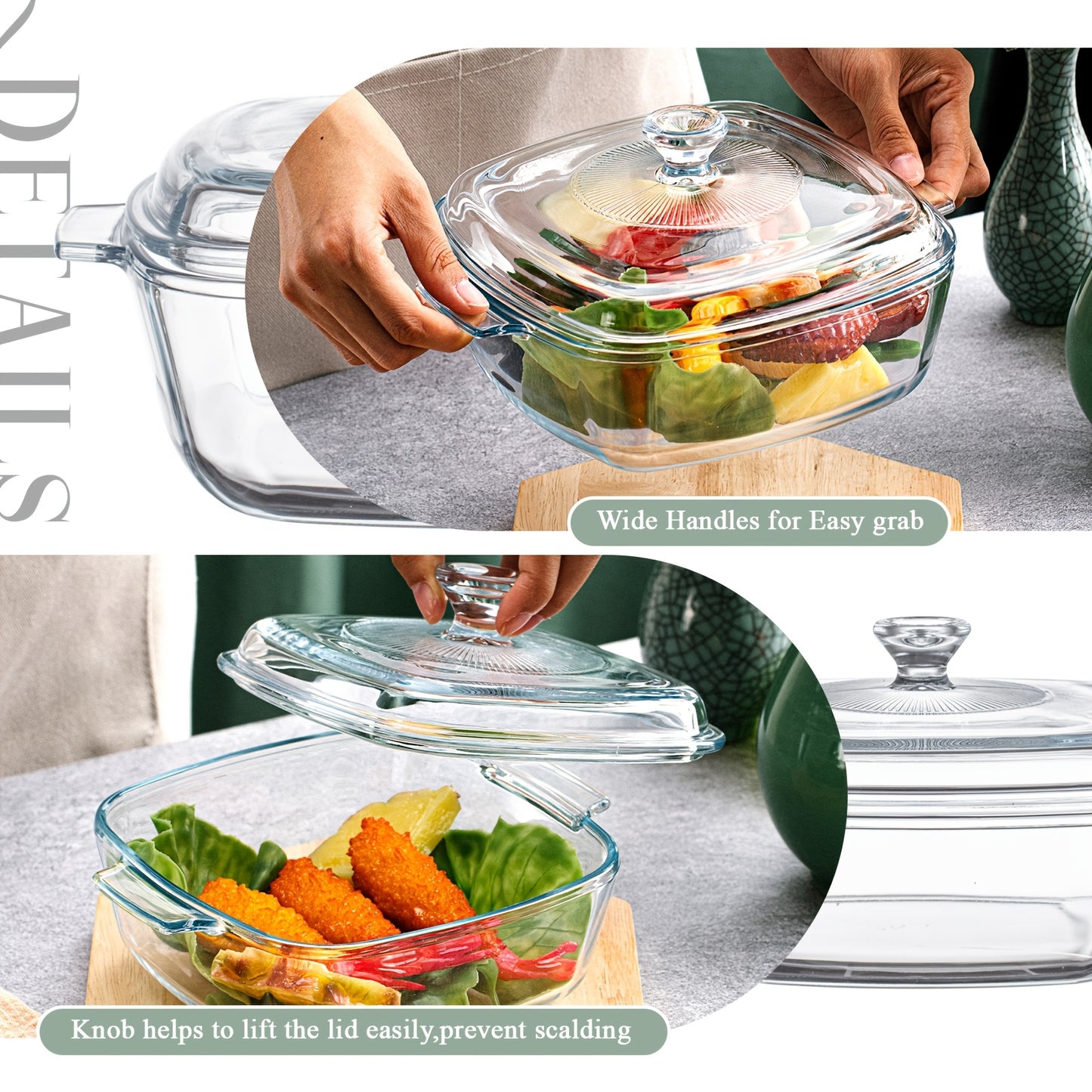2pcs Glass Casserole Dish With Lid Baking Casserole Dish Covered Cookware Microwave Bowls With Handle For Kitchen Restaurant Home Party Cooking, Oven Safe (Square, 27.05oz/ 50.72oz)