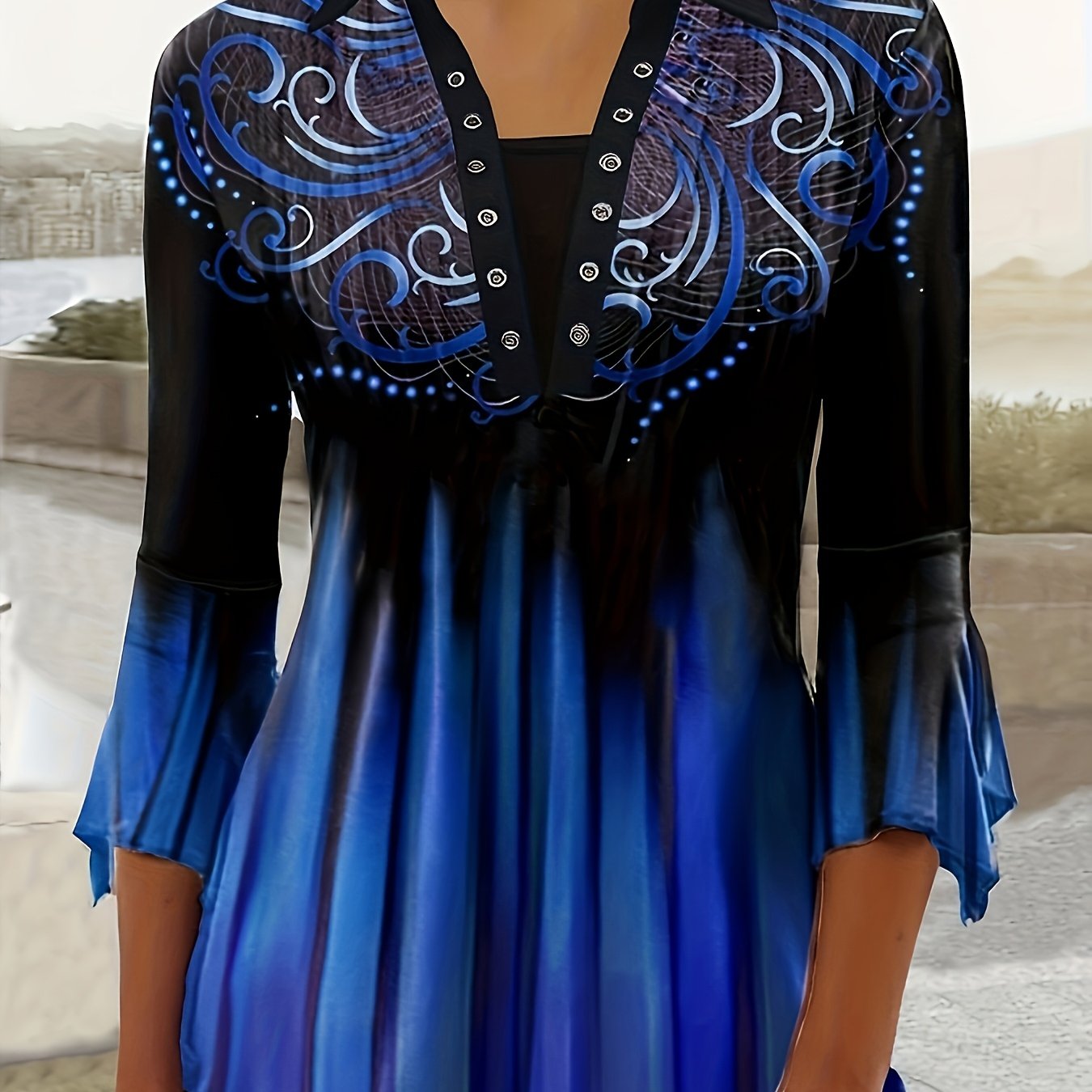 Lightweight Design) Women's Stylish Blue Floral Print Button- Blouse with Irregular Bell Sleeves - Casual Polyester Top for Spring, Summer & Fall, Ladies Blouses