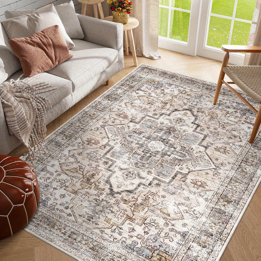 Bohemian Beige Washable Rugs, Ultra Soft Area Rugs, Non Slip Retro Rugs Foldable, Living Room And Bedroom Stain Resistant Rugs