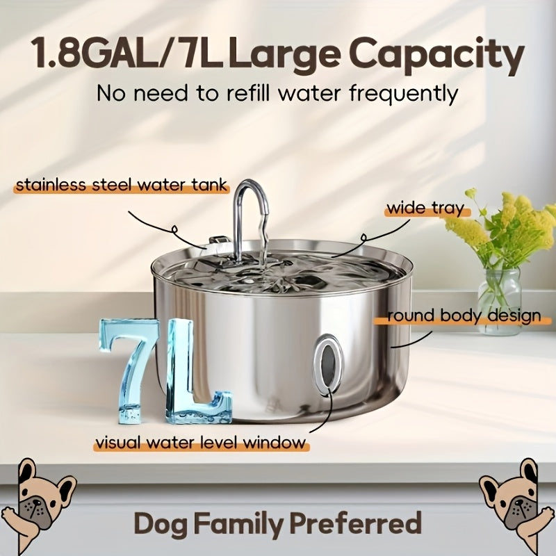 JPET 236Oz/7L/1.8Gal Stainless Steel Dog Water Fountain, Automatic Pet Fountain Dog Water Dispenser with Replacement Filters for Cats, Dogs, Multiple Pets, USB Powered Cat Water Dispenser with Water Level Window, Without Batt