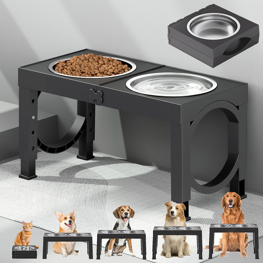 Elevated Dog Bowl, Foldable Pet Food Bowl Holder, Raised Dog Bowls Stand Set With 2 Stainless Steel Bowls, Raised Pet Feeder Adjusts To 4 Heights 9/11/12/14in, Non-Slip Dog Food Water Bowls Pet Dish Station For Large Medium S