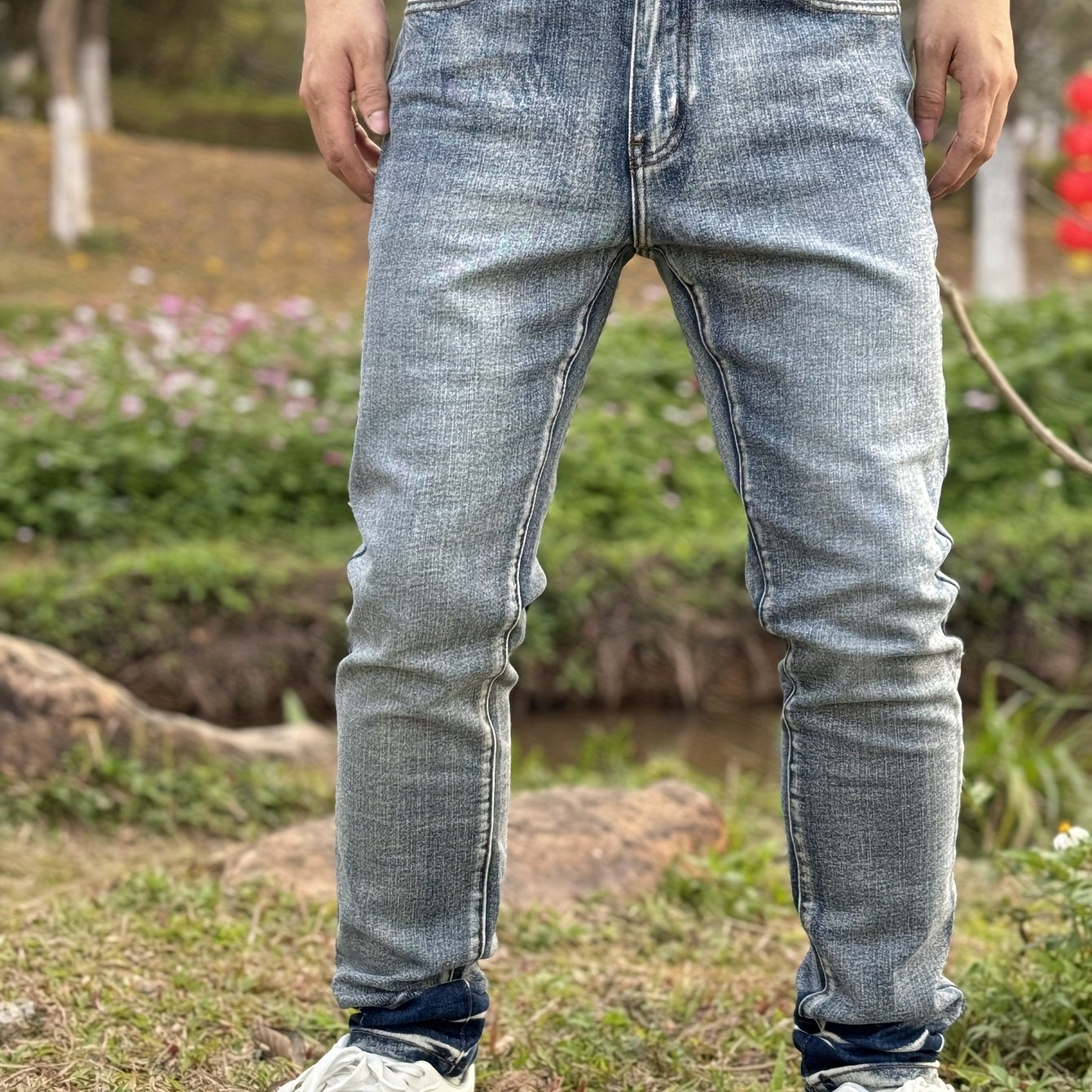 American Men'S Stretch Denim Pants, Fashion Casual Style, Fashion Wash, Suitable for All Occasions, Slim-Fit Stretch Pants, Side Yellow Line Bone Design, Can Roll Feet And Not Roll Feet, Suitable for All Seasons, So Young Men