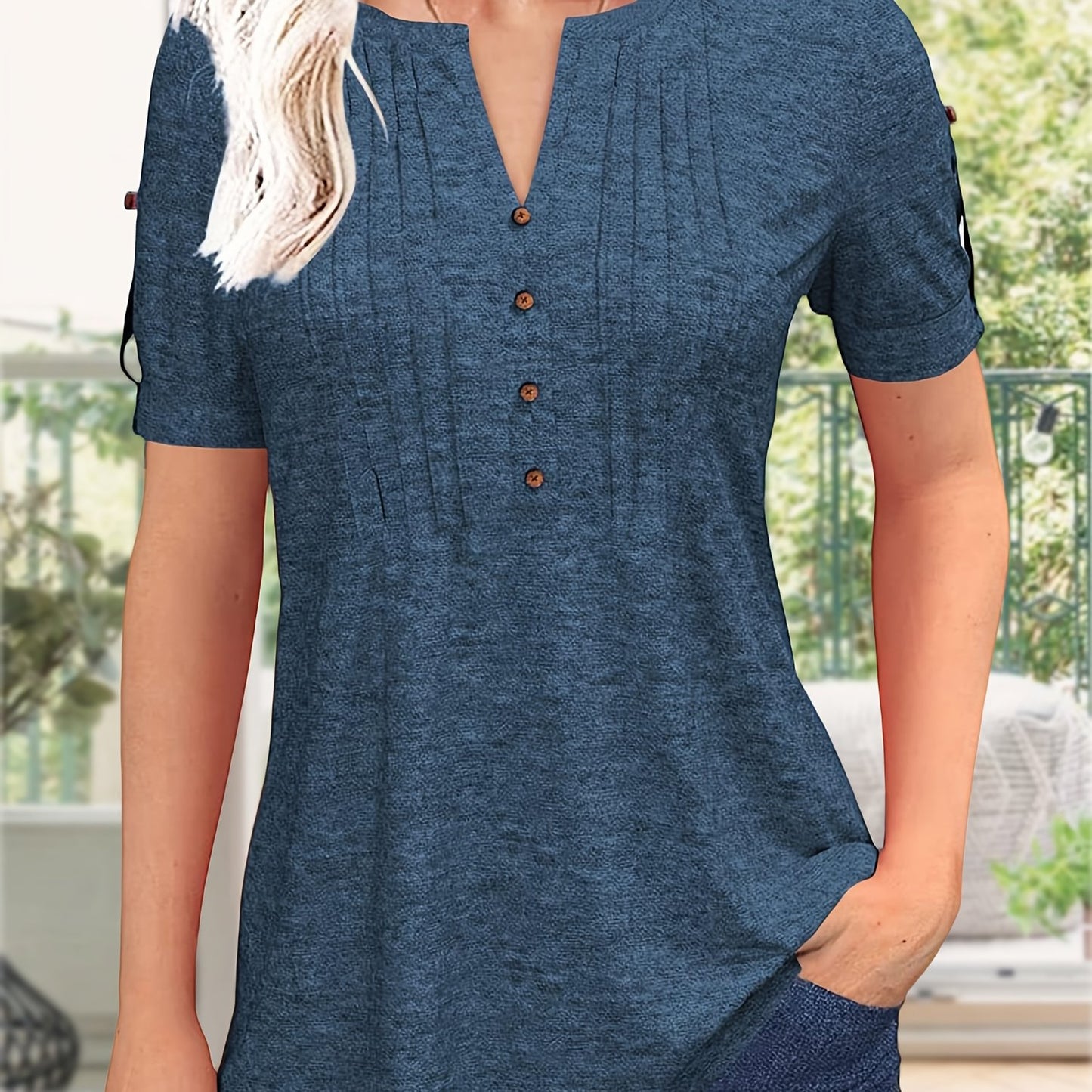 Women's Zipper Summer Pleated Button Short Sleeve T-Shirt