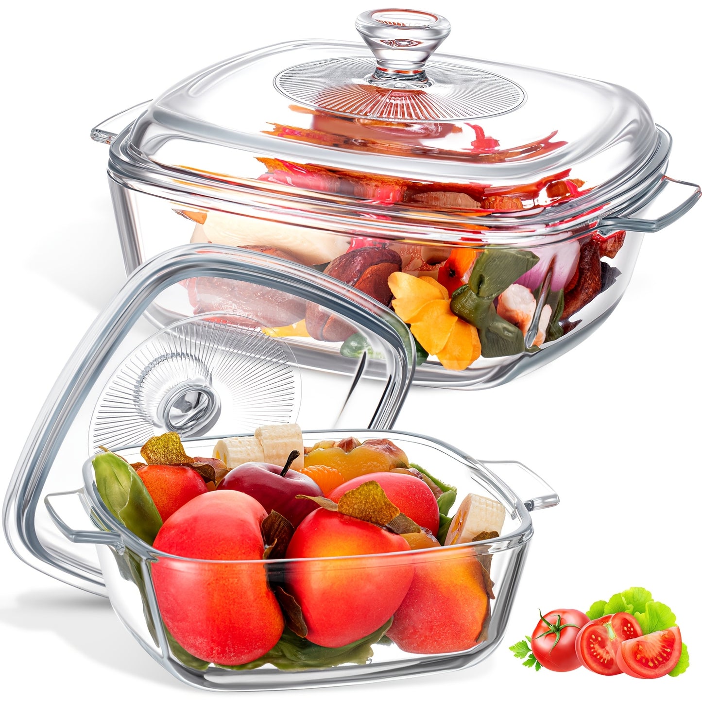 2pcs Glass Casserole Dish With Lid Baking Casserole Dish Covered Cookware Microwave Bowls With Handle For Kitchen Restaurant Home Party Cooking, Oven Safe (Square, 27.05oz/ 50.72oz)