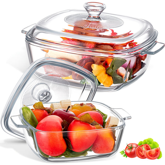 2pcs Glass Casserole Dish With Lid Baking Casserole Dish Covered Cookware Microwave Bowls With Handle For Kitchen Restaurant Home Party Cooking, Oven Safe (Square, 27.05oz/ 50.72oz)