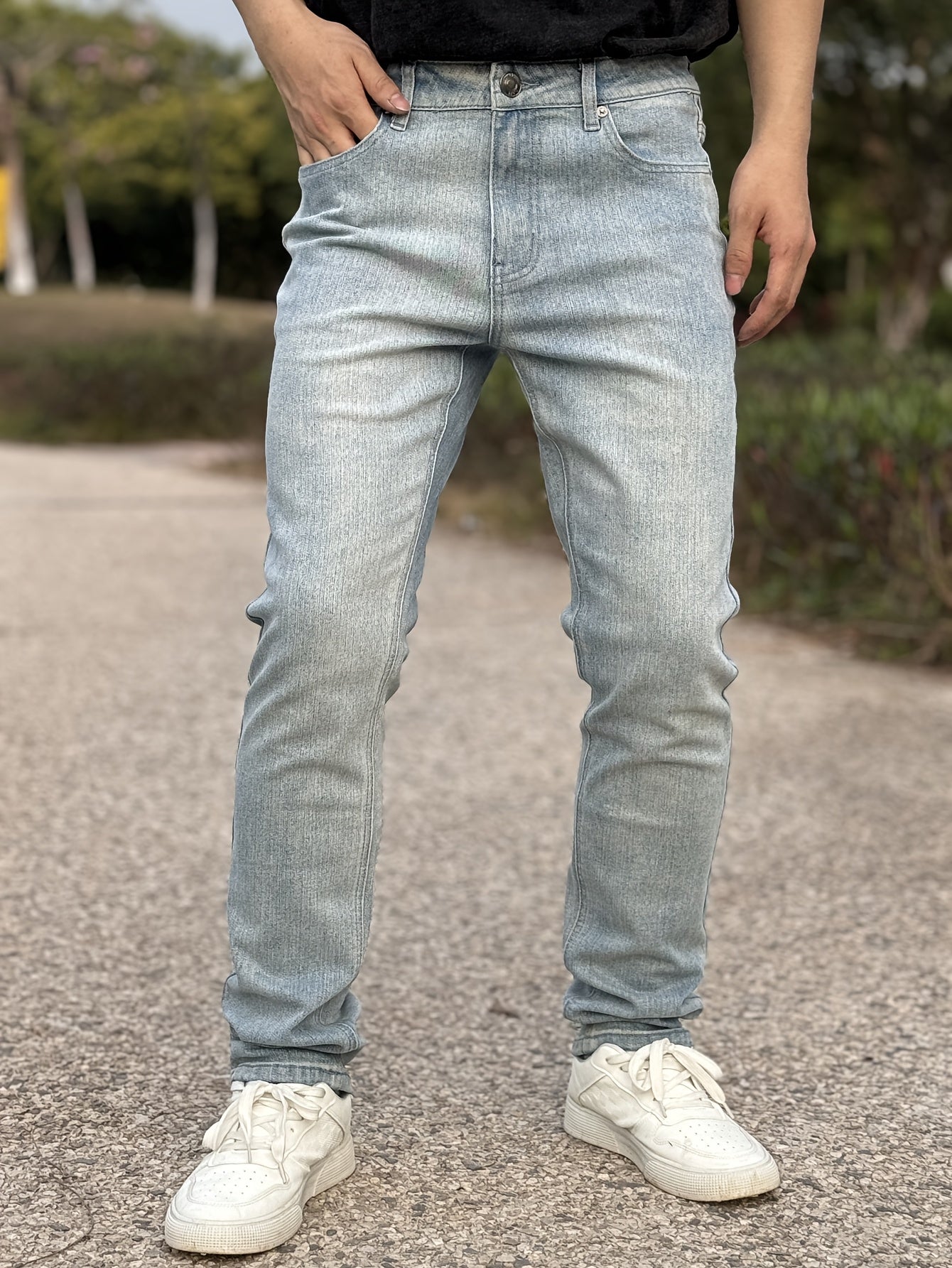 American Men'S Stretch Denim Pants, Fashion Casual Style, Fashion Wash, Suitable for All Occasions, Slim-Fit Stretch Pants, Side Yellow Line Bone Design, Can Roll Feet And Not Roll Feet, Suitable for All Seasons, So Young Men