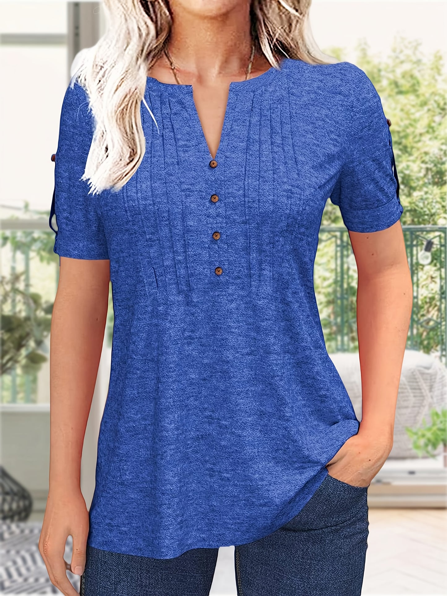 Women's Zipper Summer Pleated Button Short Sleeve T-Shirt