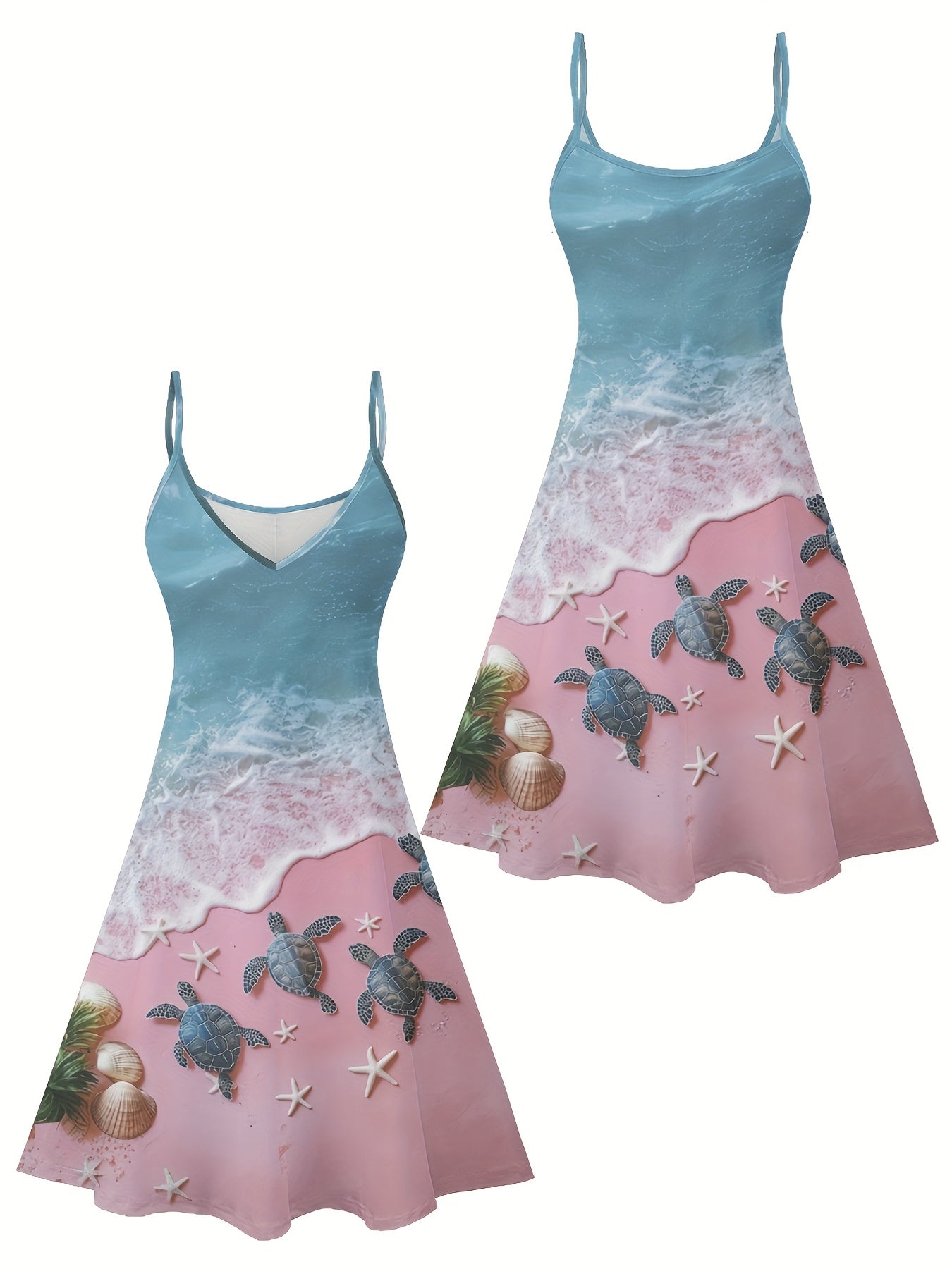 Women's V-Neck Sleeveless Tank Dress - Stylish Beach & Travel Casual Wear with Vibrant Sea Turtle Print, Lightweight Polyester Blend for Spring/Summer