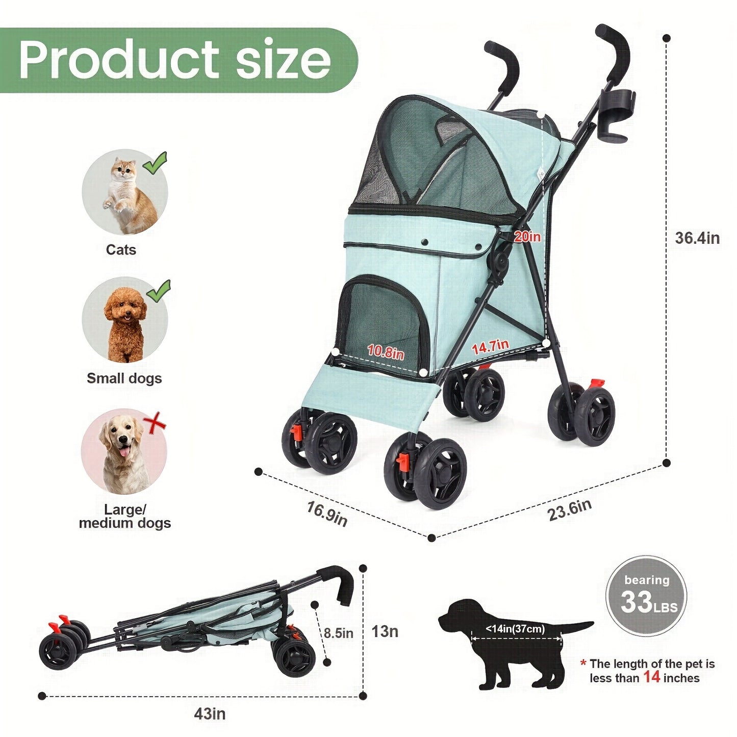 Medium Dog Stroller 50lb With Storage Basket And Leashes